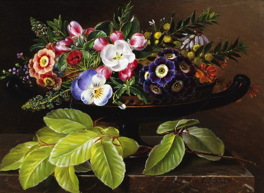 Detail of Apple Blossoms, Primula, Heather, and Yellow Acacia by Johan Laurentz Jensen