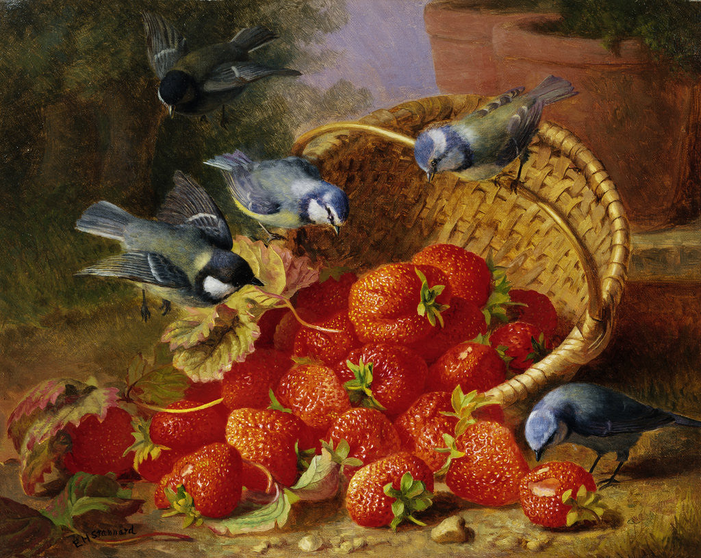 Detail of A Feast of Strawberries (Blue Tits) by Eloise Harriet Stannard