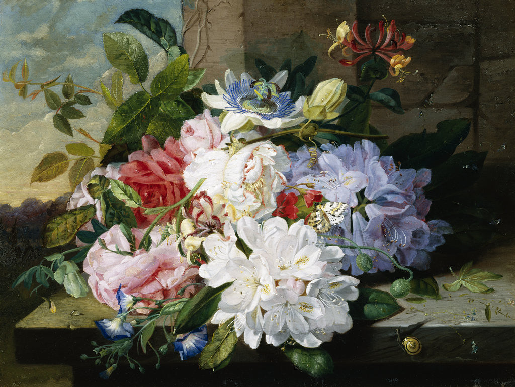 Detail of A Pretty Still Life of Roses, Rhododendron, and Passionflowers by John Wainwright
