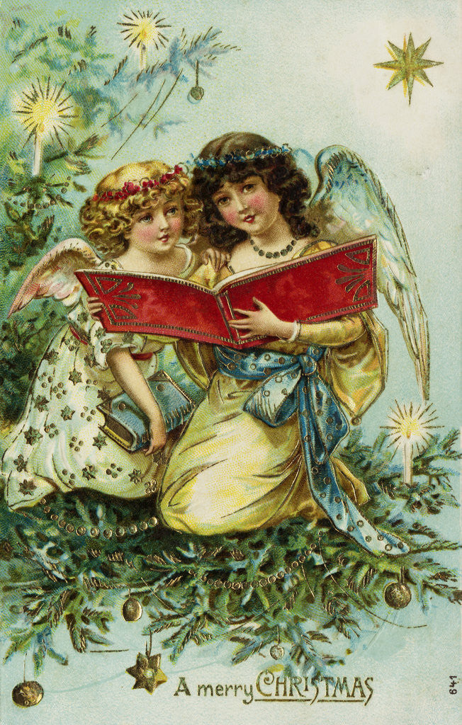 Detail of A Merry Christmas Postcard with Two Angels by Anonymous