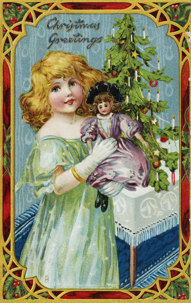 Detail of Christmas Greetings Postcard with a Girl and Doll by Anonymous