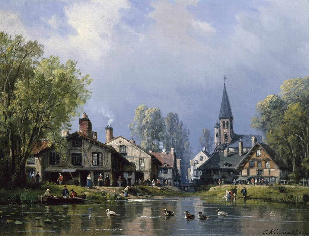 Detail of A Busy Riverside Village by Charles Euphrasie Kuwasseg