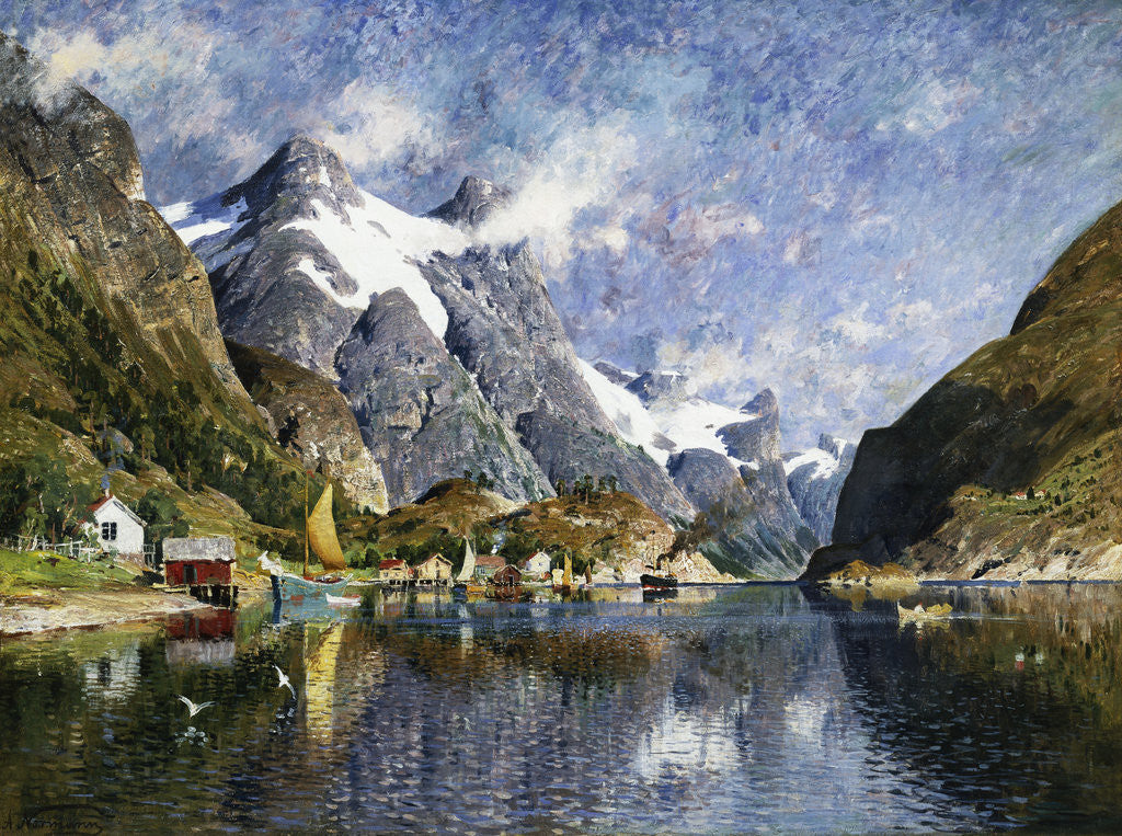 Detail of A Norwegian Fjord Painting by Adelsteen Normann