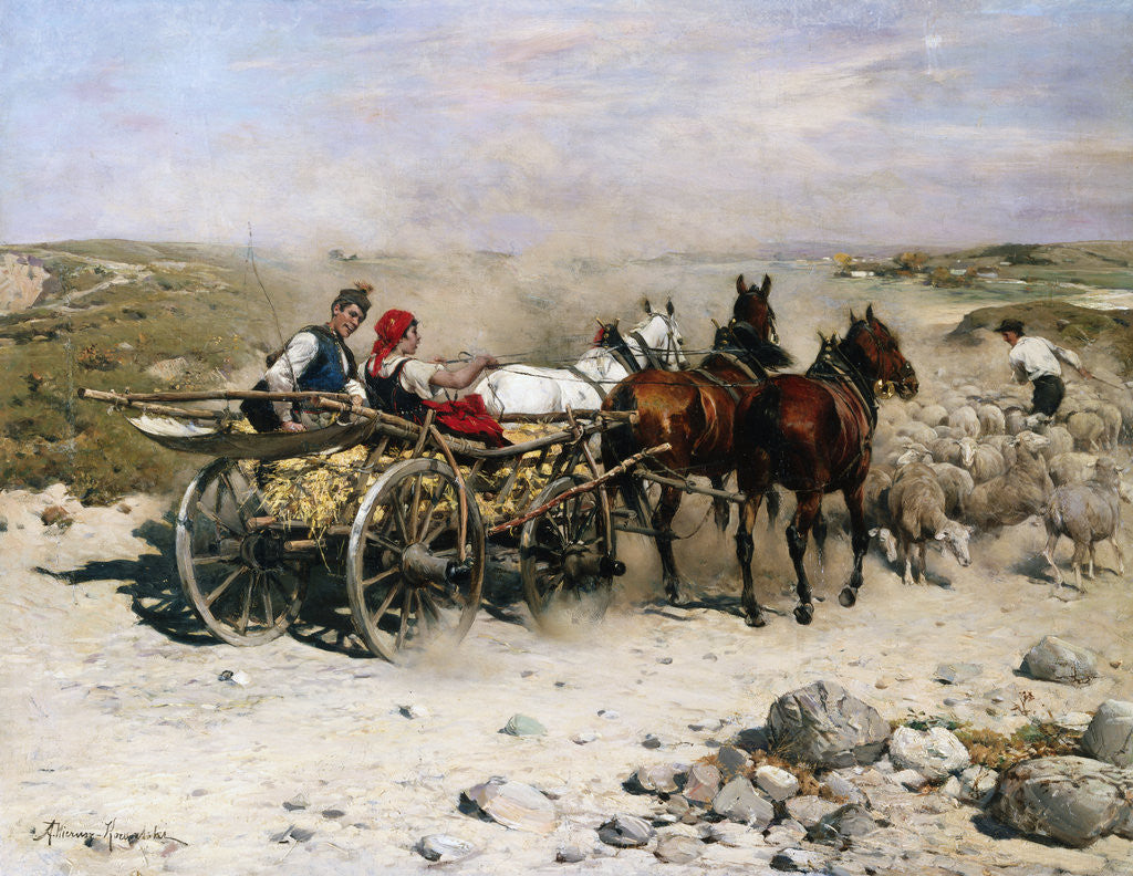 Detail of A Haycart, a Shepherd and His Flock on a Country Lane by Alfred von Kowalski-Wierusz