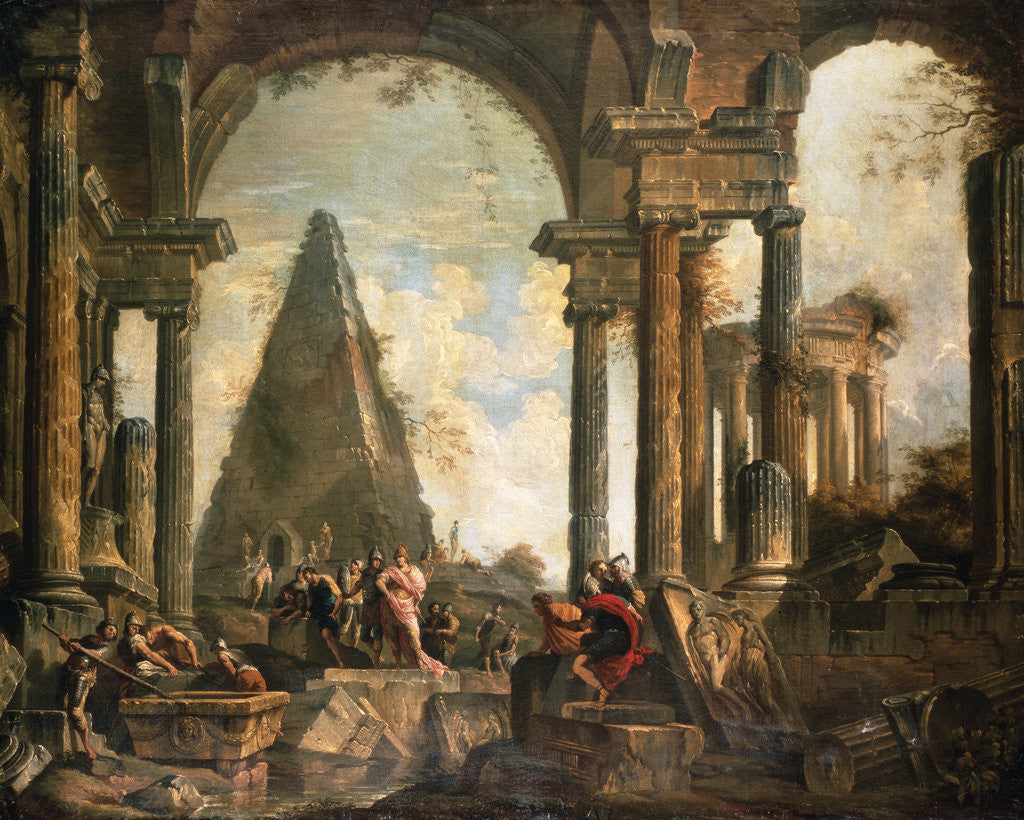 Detail of A Capriccio of the Ruins of Rome by the School of Giovanni Paolo Panini by Anonymous