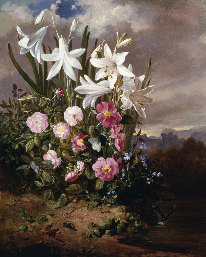 Detail of A Still Life of Flowers and Butterflies by Joseph Schuster