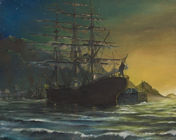Detail of Clipper ship in port 1860s by Vincent Alexander Booth