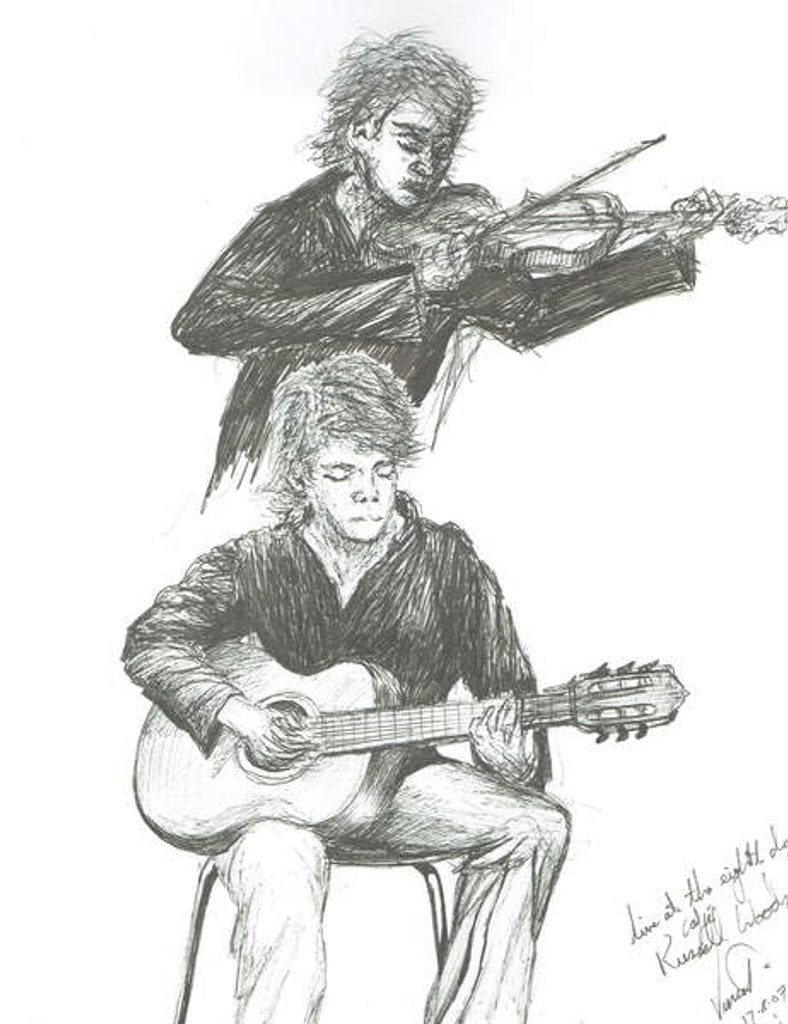 Detail of The Guitarist and violinist at 8th day cafe Manchester, 2007 by Vincent Alexander Booth