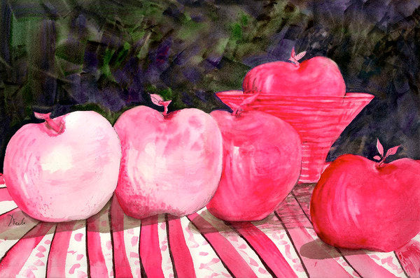 Detail of cranberry glass and pink apples by Neela Pushparaj