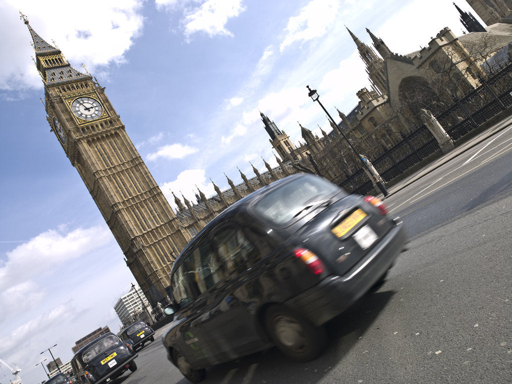 Detail of Taxi on road with big ben in background, London by Assaf Frank