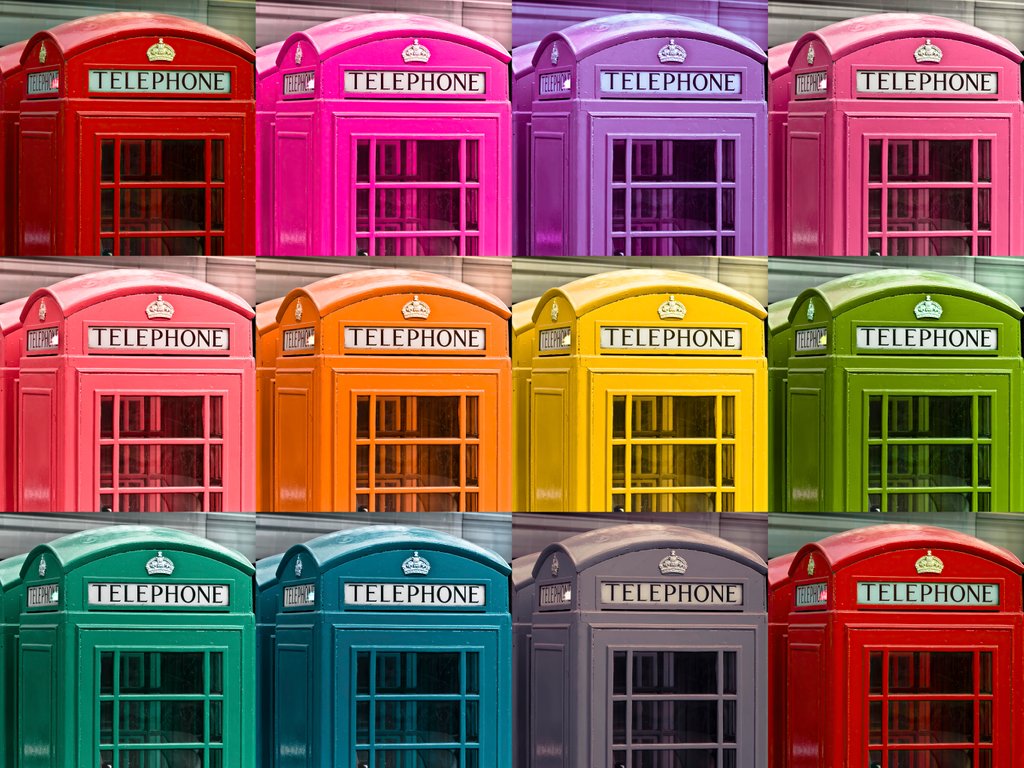 Detail of Multicoloured telephone boxes by Assaf Frank