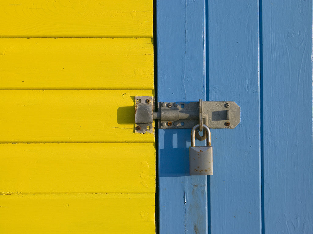 Detail of Padlock on beach hut door, Close-up, Littlehampton England by Assaf Frank