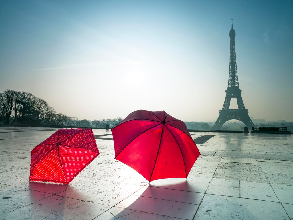 Detail of Umbrellas and Eiffel tower by Assaf Frank