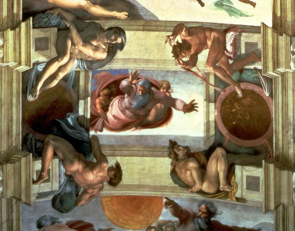 Detail of Sistine Chapel Ceiling: God Separating the Land from the Sea, with four Ignudi, 1510 by Michelangelo Buonarroti