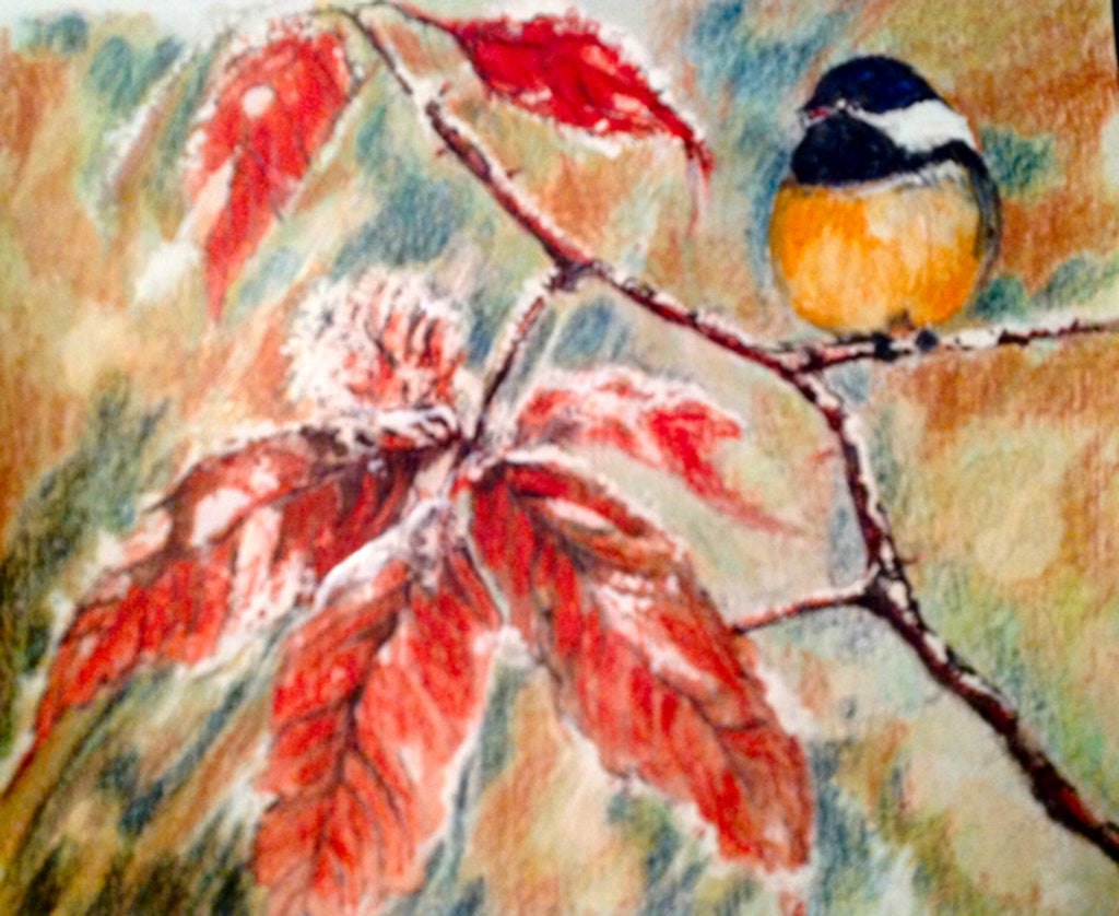 Detail of little bird in the winter, 2017 by Mary Smith