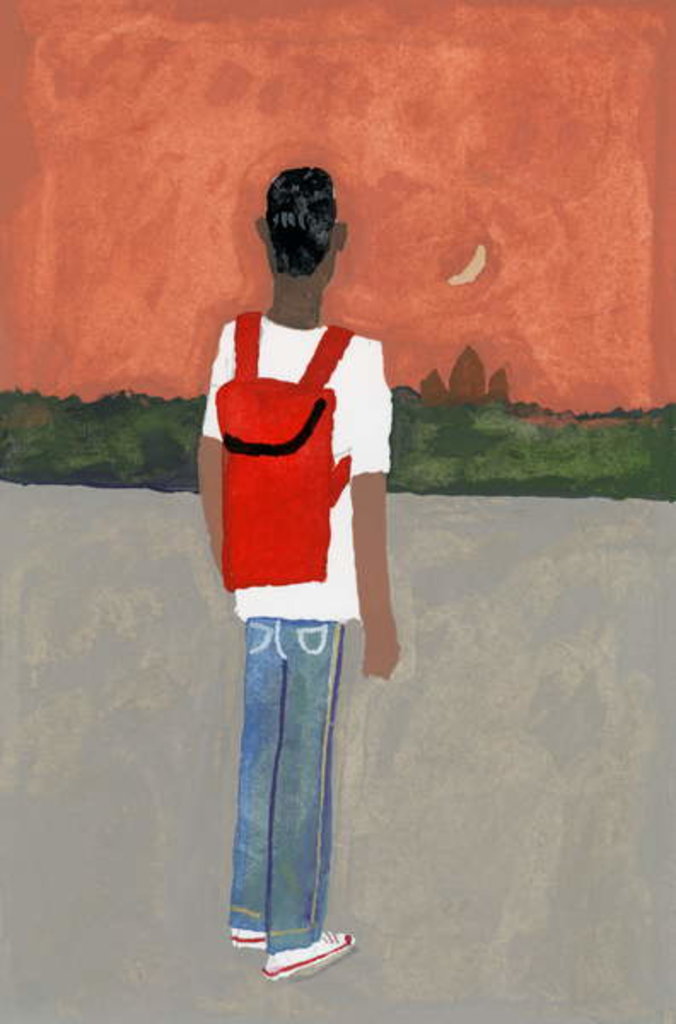 Detail of A traveler carrying a red backpack, 2016 by Hiroyuki Izutsu