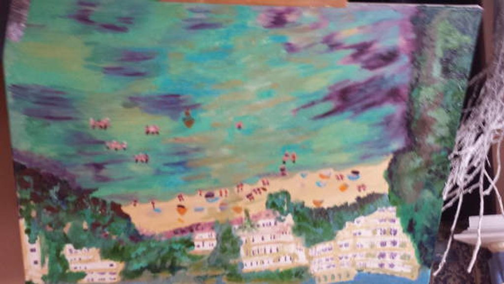 Detail of Majorca, Cala bay seaview and hotel, 2015 by Cosima Duggal