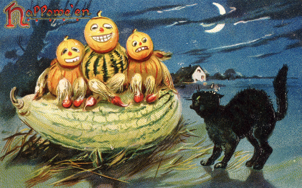 Detail of Hallowe'en Postcard with Jack-o'-Lanterns by Corbis