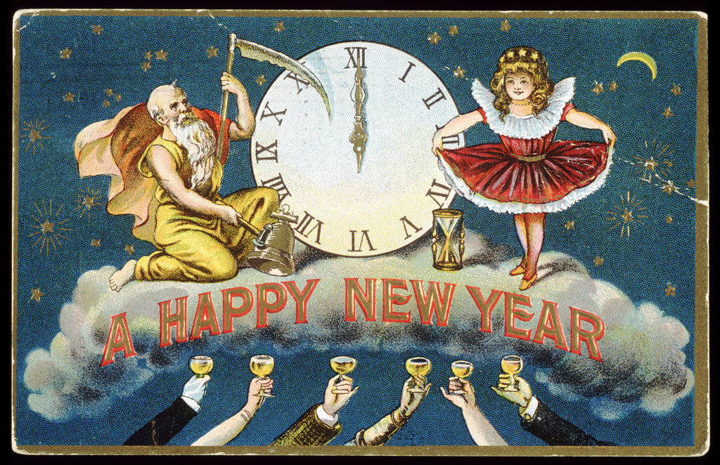 Detail of A Happy New Year Postcard with Father Time and a Young Girl by Anonymous