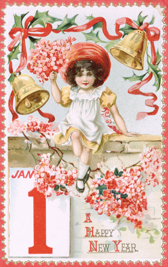 Detail of A Happy New Year Postcard with a Little Girl and Bells by Anonymous
