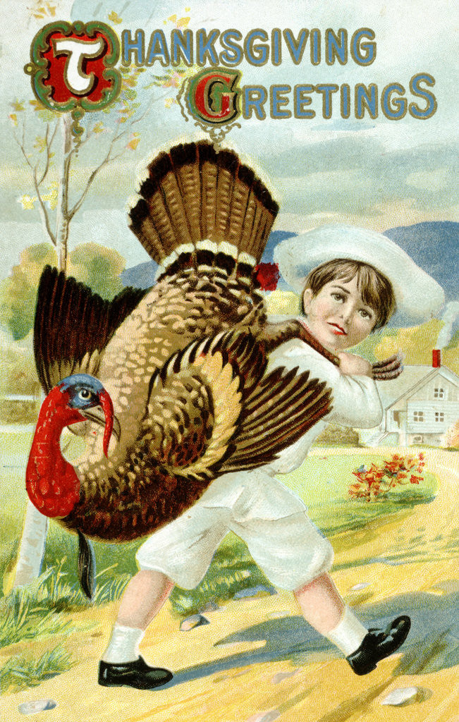 Detail of Thanksgiving Greetings Postcard with a Boy Carrying a Turkey by Anonymous