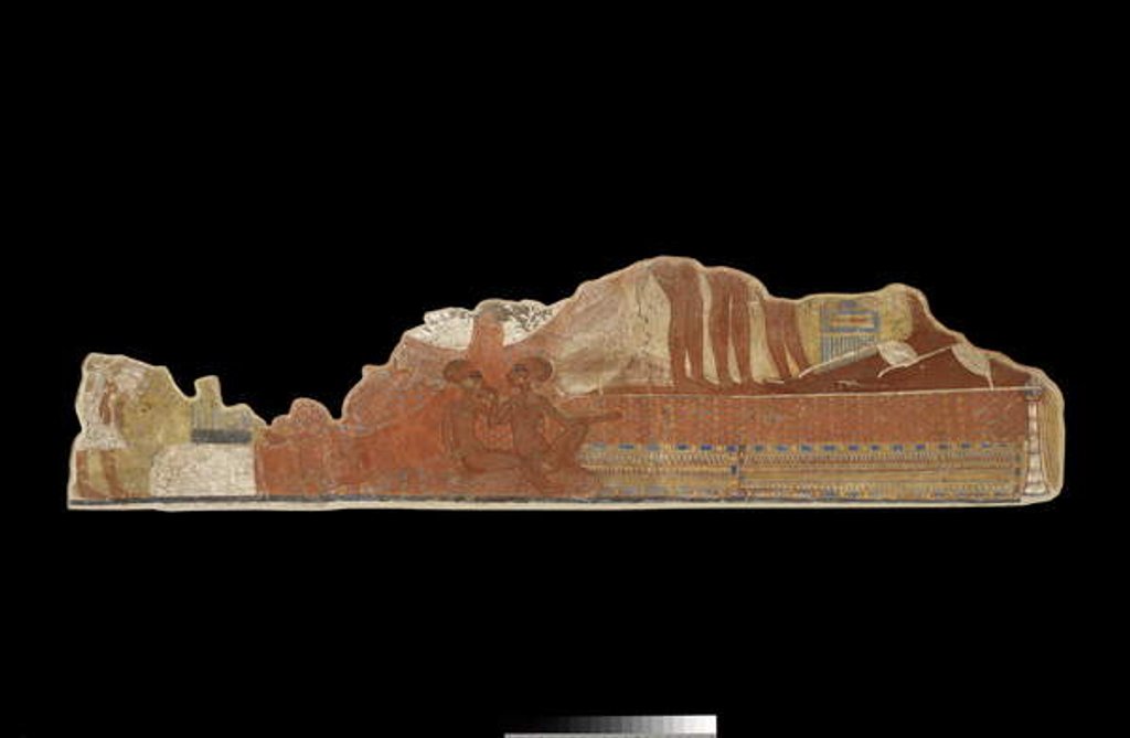 Detail of Fragment of wall painting from a private house showing two of the younger daughters of Pharaoh Akhenaten and Queen Nefertiti seated at their parent's feet, found at Tell el-Amarna, New Kingdom by Egyptian 18th Dynasty