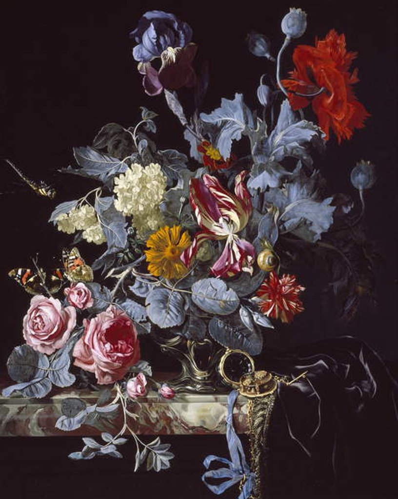 Detail of A Vase of Flowers with a Watch by Willem van (after) Aelst
