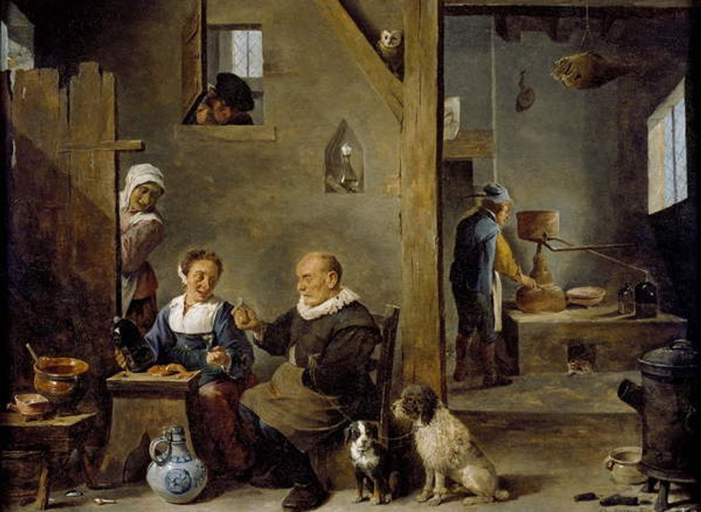 Detail of A Distillery with an elderly Man buying Gin from a Woman, c. 1640-49 by David the Younger Teniers