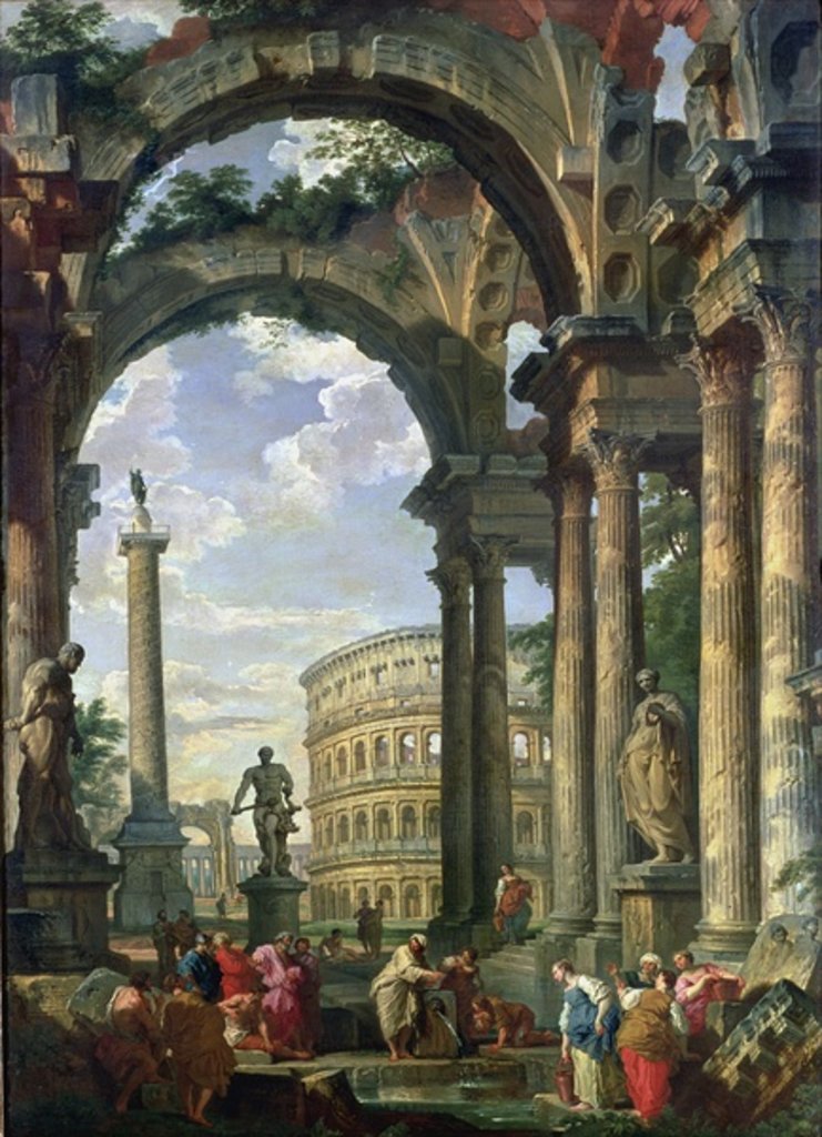 Detail of Roman Capriccio, 18th century by Giovanni Paolo Pannini or Panini