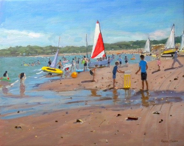 Detail of Cricket and red and white sail, Abersoch, 2011 by Andrew Macara