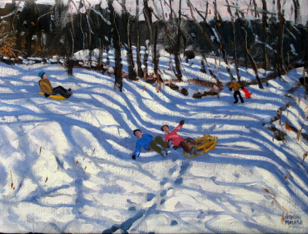 Detail of Two boys falling off a sledge, Morzine by Andrew Macara