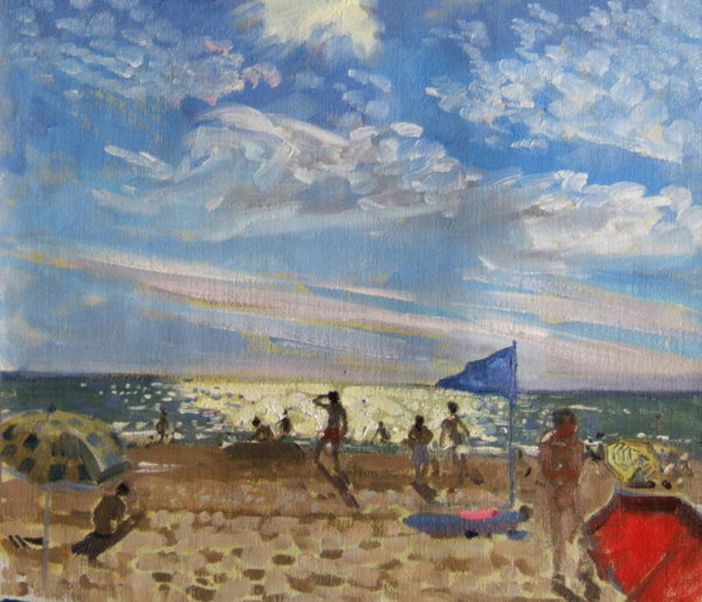 Detail of Blue flag and red sun shade, Montalivet by Andrew Macara