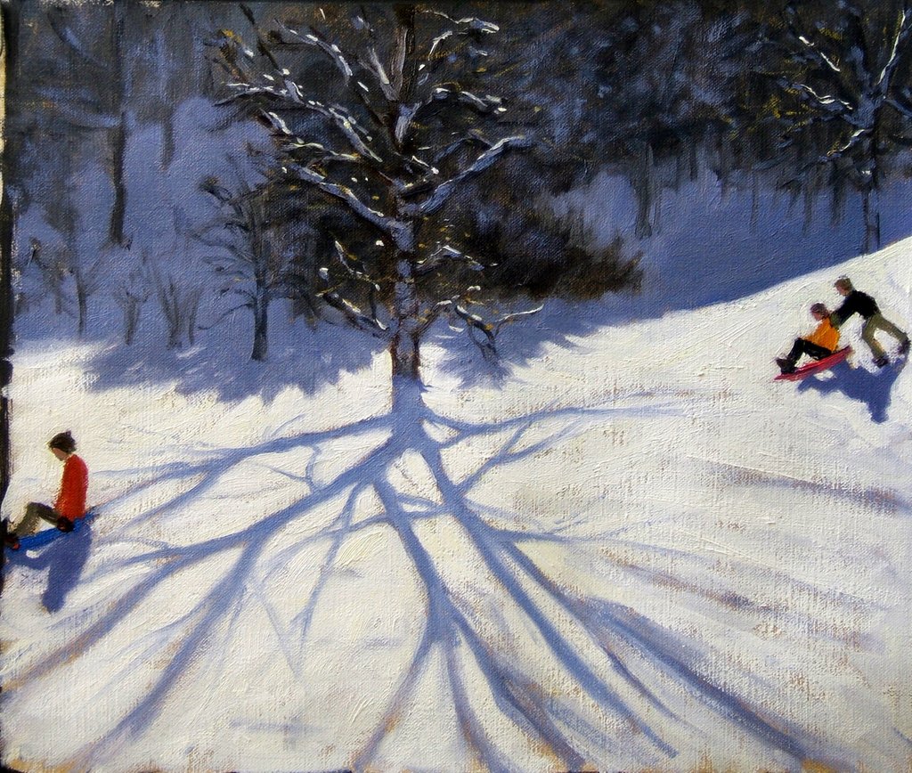 Detail of Tree and two tobogganers, Alps by Andrew Macara