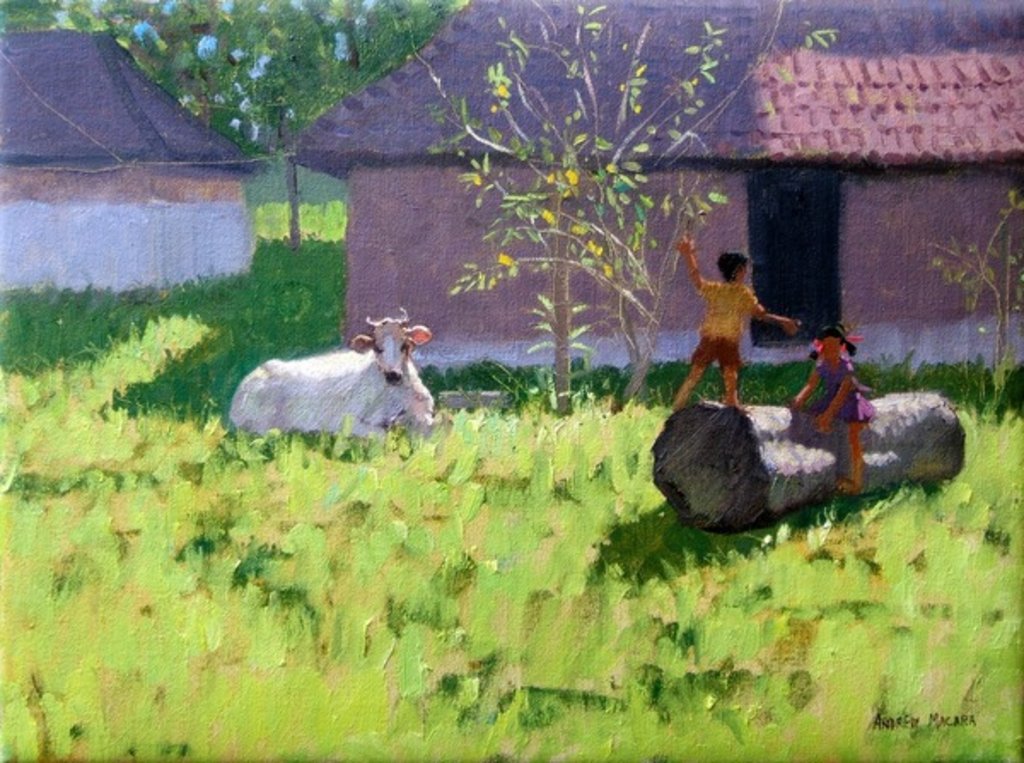 Detail of White cow and two children, Mankotta Island, Kerala, India, 1990 by Andrew Macara