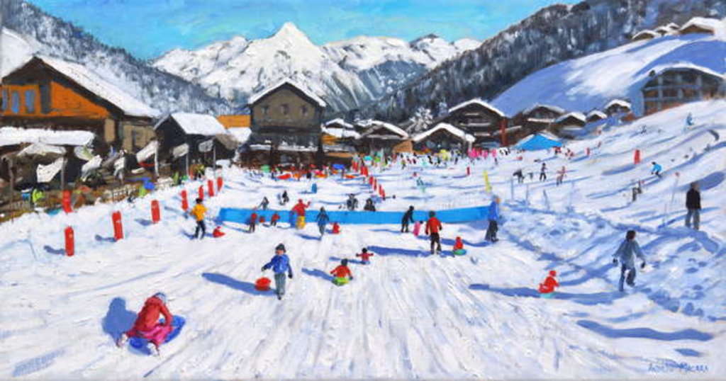 Detail of Children sledging, Les Gets, France, 2018 by Andrew Macara