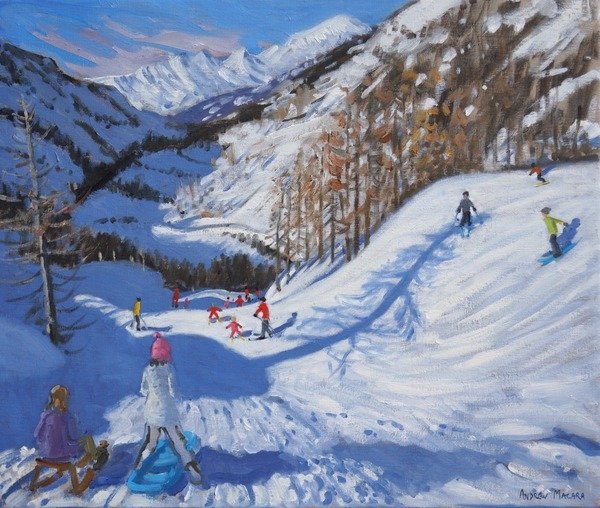 Detail of Shadow of a fir tree, and skiers Tignes by Andrew Macara