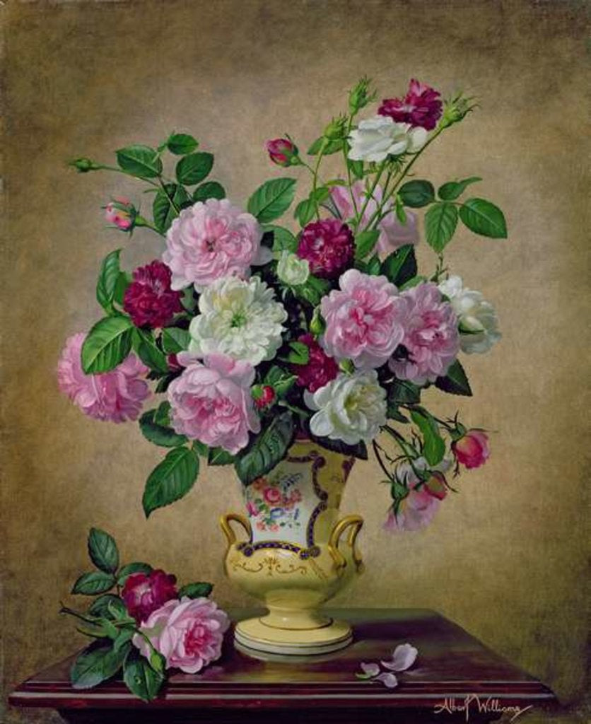 Detail of Roses and dahlias in a ceramic vase by Albert Williams