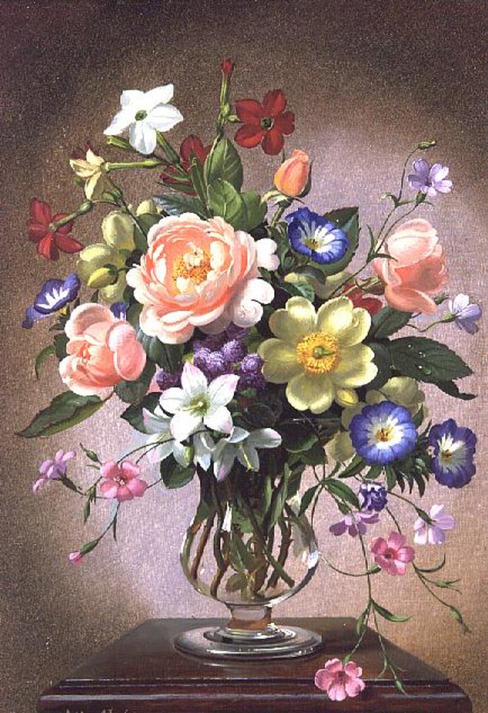 Detail of Roses, Peonies and Freesias in a glass vase by Albert Williams