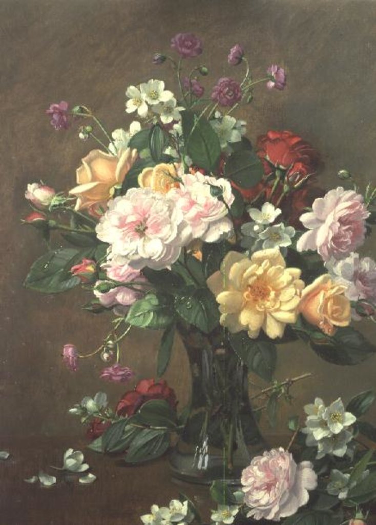 Detail of Roses and Gardenias in a glass vase by Albert Williams