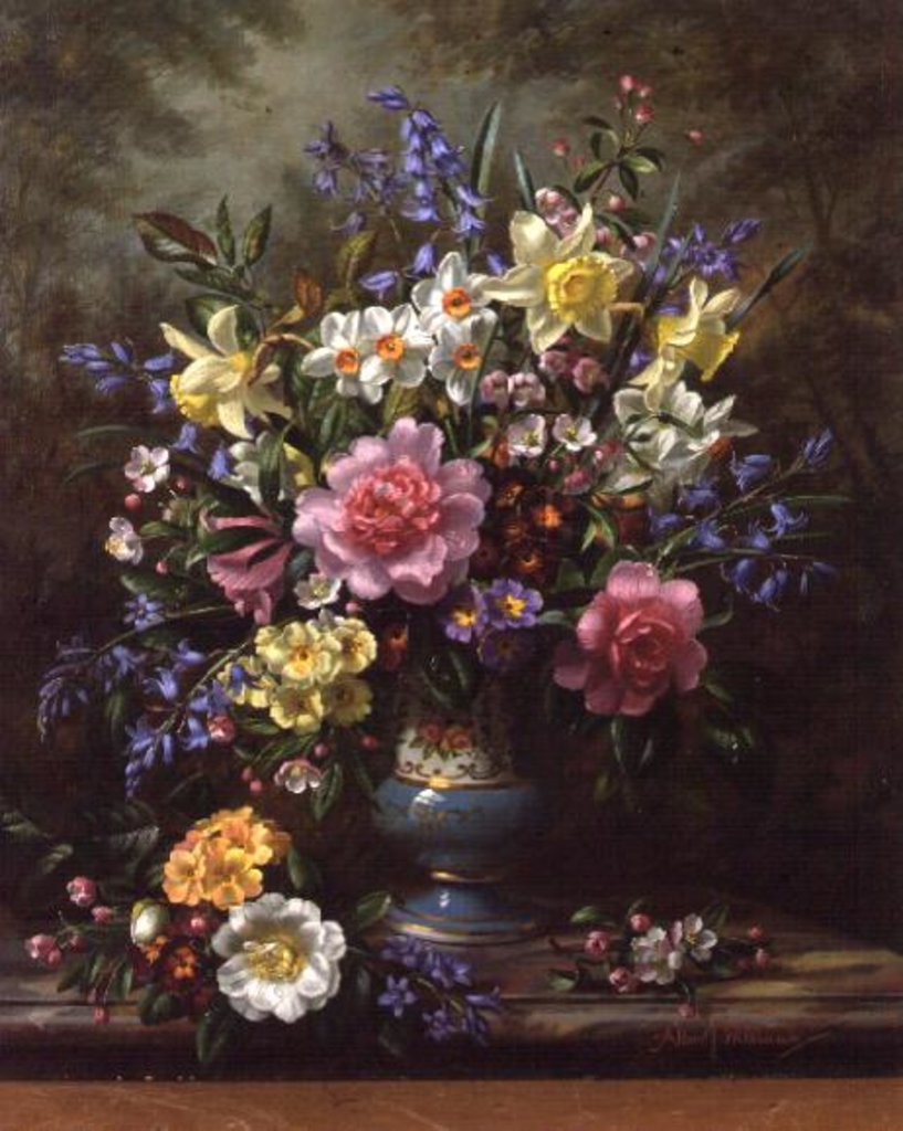 Detail of AB/200/2 Bluebells, daffodils, primroses and peonies in a blue vase by Albert Williams