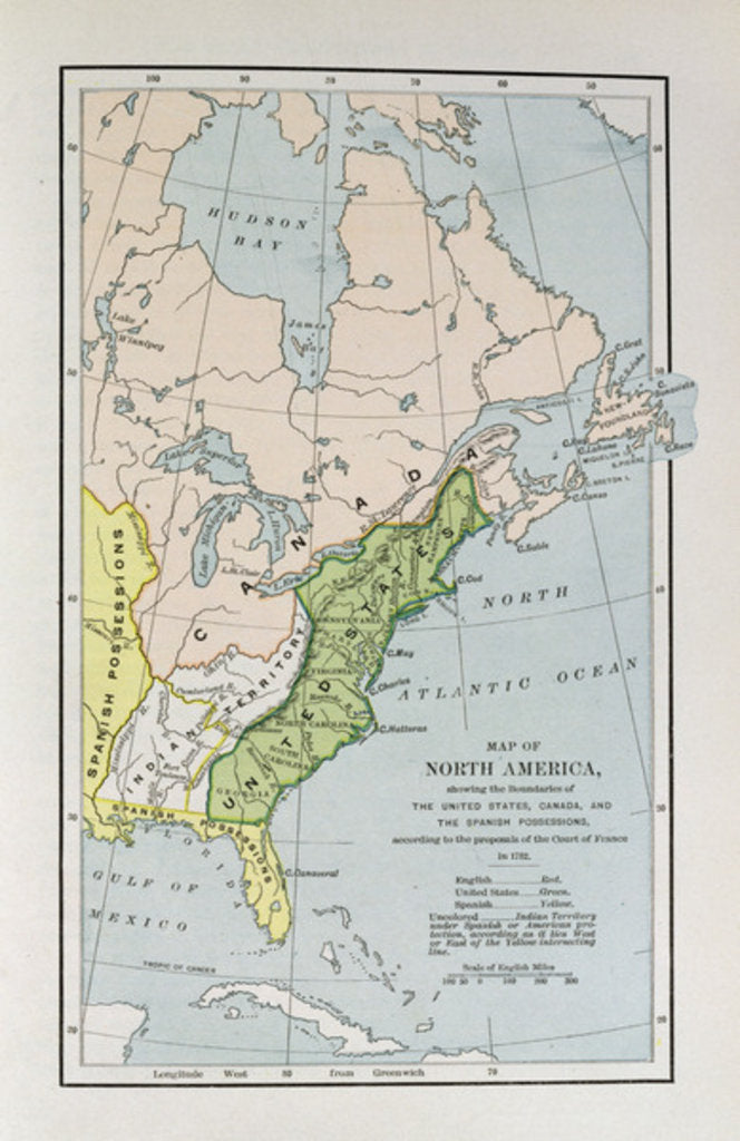 Detail of Map of North America, showing the boundaries of the United States, Canada and the Spanish Possessions, according to the proposals of the Court of France in 1782 by English School