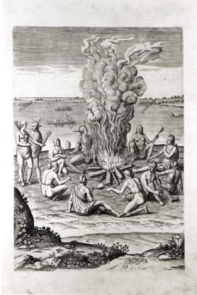 Detail of Indians praying around a fire, engraving from Hariot's 'A Briefe and True Report of...Virginia', 1590, engraved by Theodor de Bry by John White