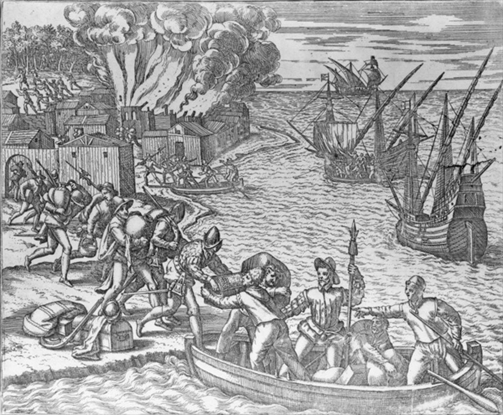 Detail of The French Fleet Plundering and Setting Fire to the Town of Chioreram, engraved by Theodore de Bry by German School