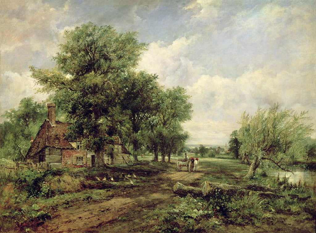 Detail of Wooded river landscape with a cottage and a horse drawn cart by Frederick Waters Watts