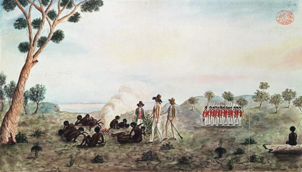 Detail of Mr White, Harris and Laing with a Party of Soldiers Visiting Botany Bay Colebee at that Place when Wounded near Botany Bay, c.1790 by Port Jackson Painter
