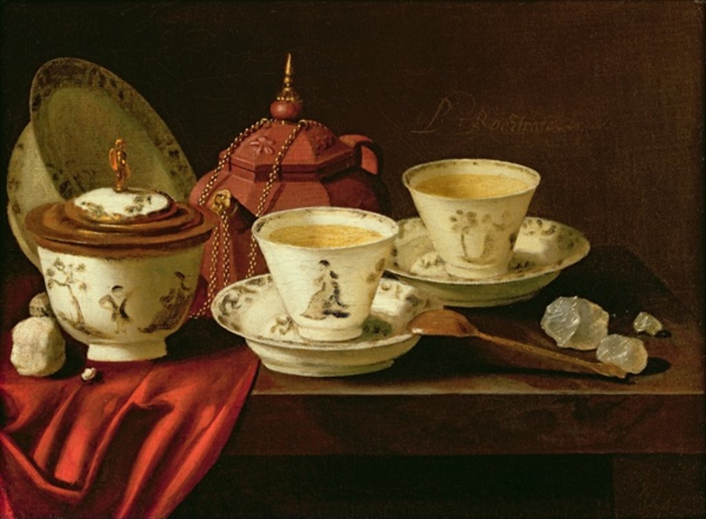 Detail of A Yixing Teapot and a Chinese Porcelain Tete-a-Tete on a Partly Draped Ledge by Pieter Gerritsz. van Roestraten