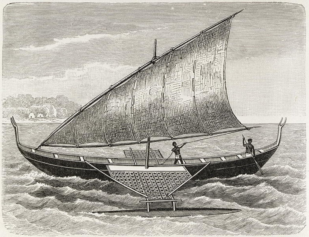 Detail of Boat of the Mortlock Islands, with outrigger and sail of rush-matting by English School