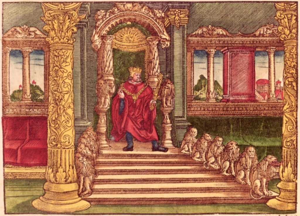 Detail of King Solomon on his throne, 1st Edition by German School