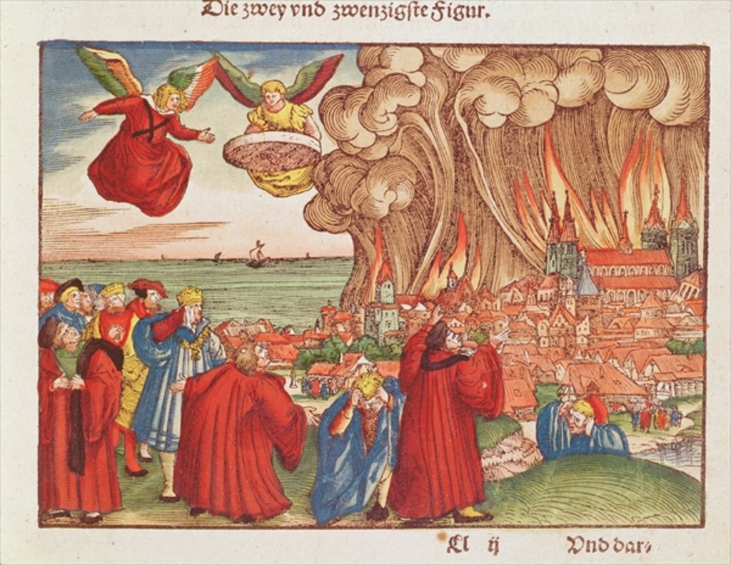 Detail of Revelation 18: Babylon burning, 1st edition by German School