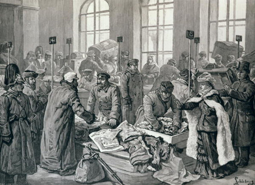 Detail of Custom House Officers Examining Passengers' Luggage from Germany, at Wirballen, on the Russian Frontier by English School